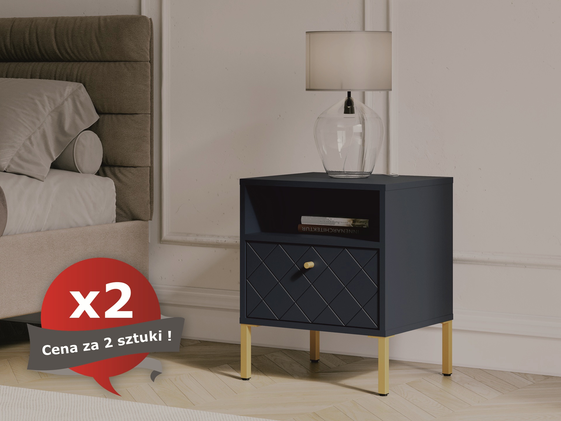 Szafki nocne z szufladą, granatowe, Kolekcja DIAMANTE, KOMPLET