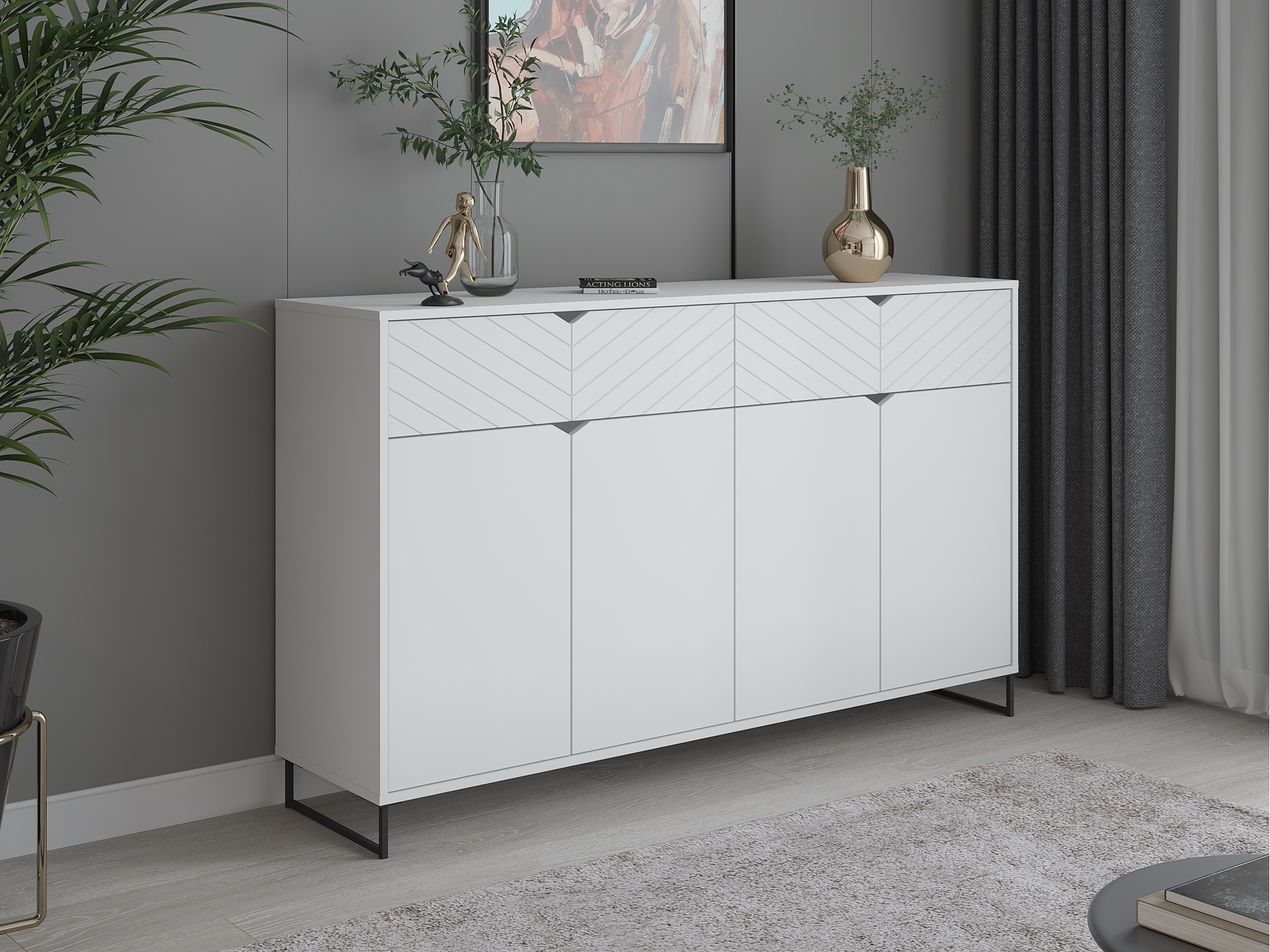 Komoda z 4 drzwiami i 2 szufladami, 157cm, biała, kolekcja ESTILO