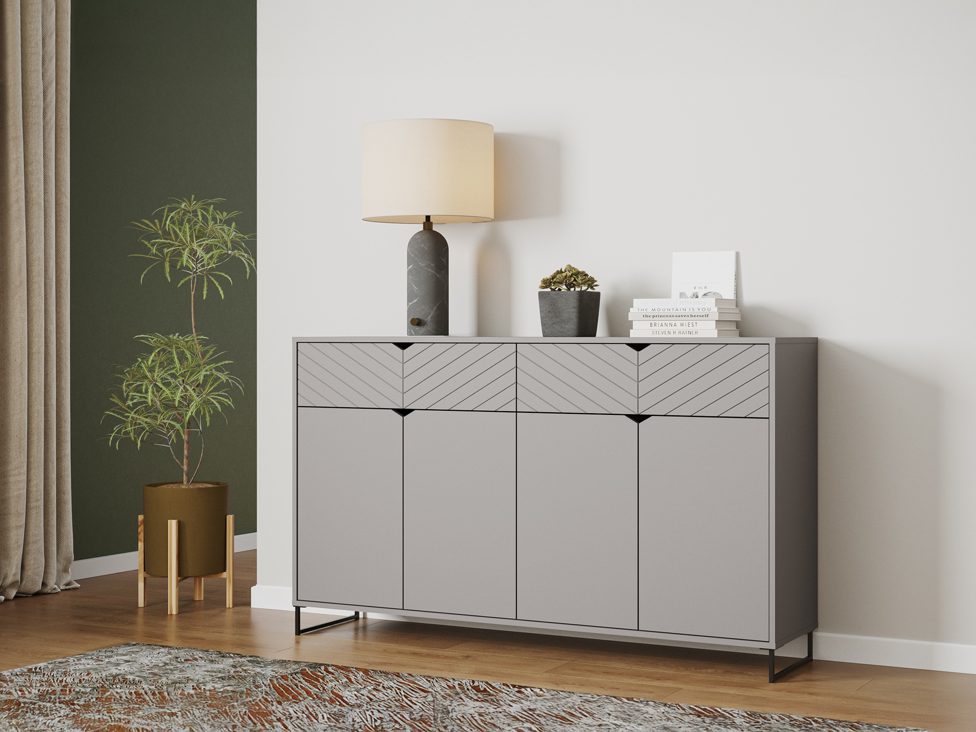 Komoda z 4 drzwiami i 2 szufladami, 157cm, szara, kolekcja ESTILO