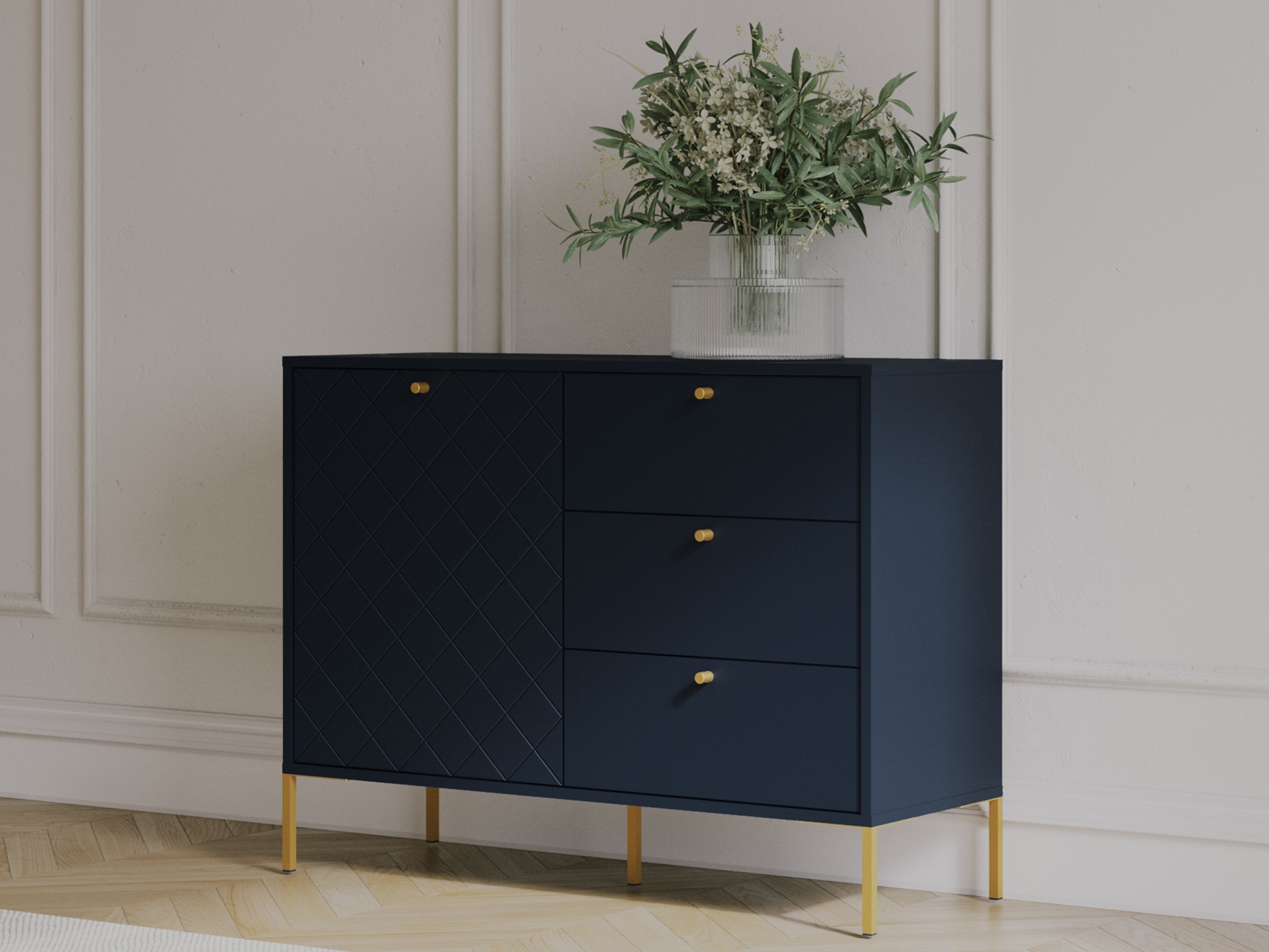 Komoda z 1 drzwiami i 3 szufladami, 104cm, granatowa, kolekcja DIAMANTE