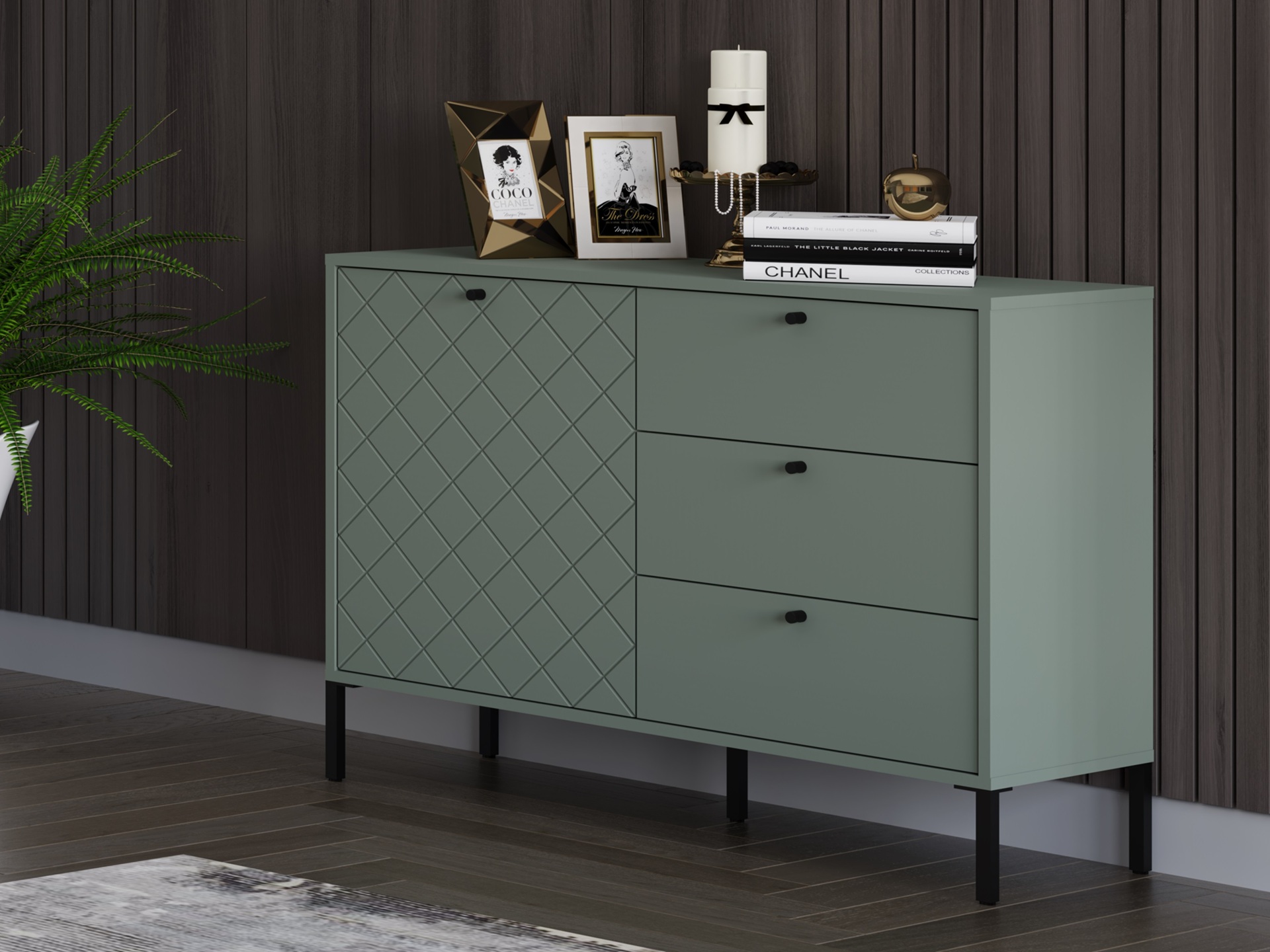 Komoda z 1 drzwiami i 3 szufladami, 104cm, zielona, kolekcja DIAMANTE