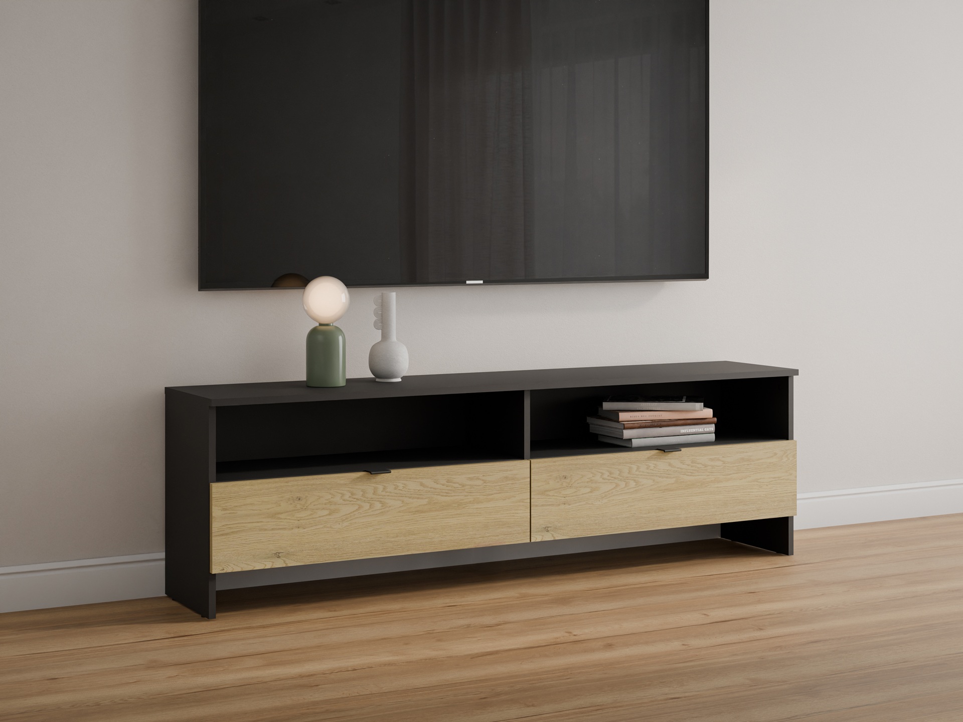 Szafka RTV z 2 szufladami, 160cm, czarna dąb cremona, Kolekcja MEGA
