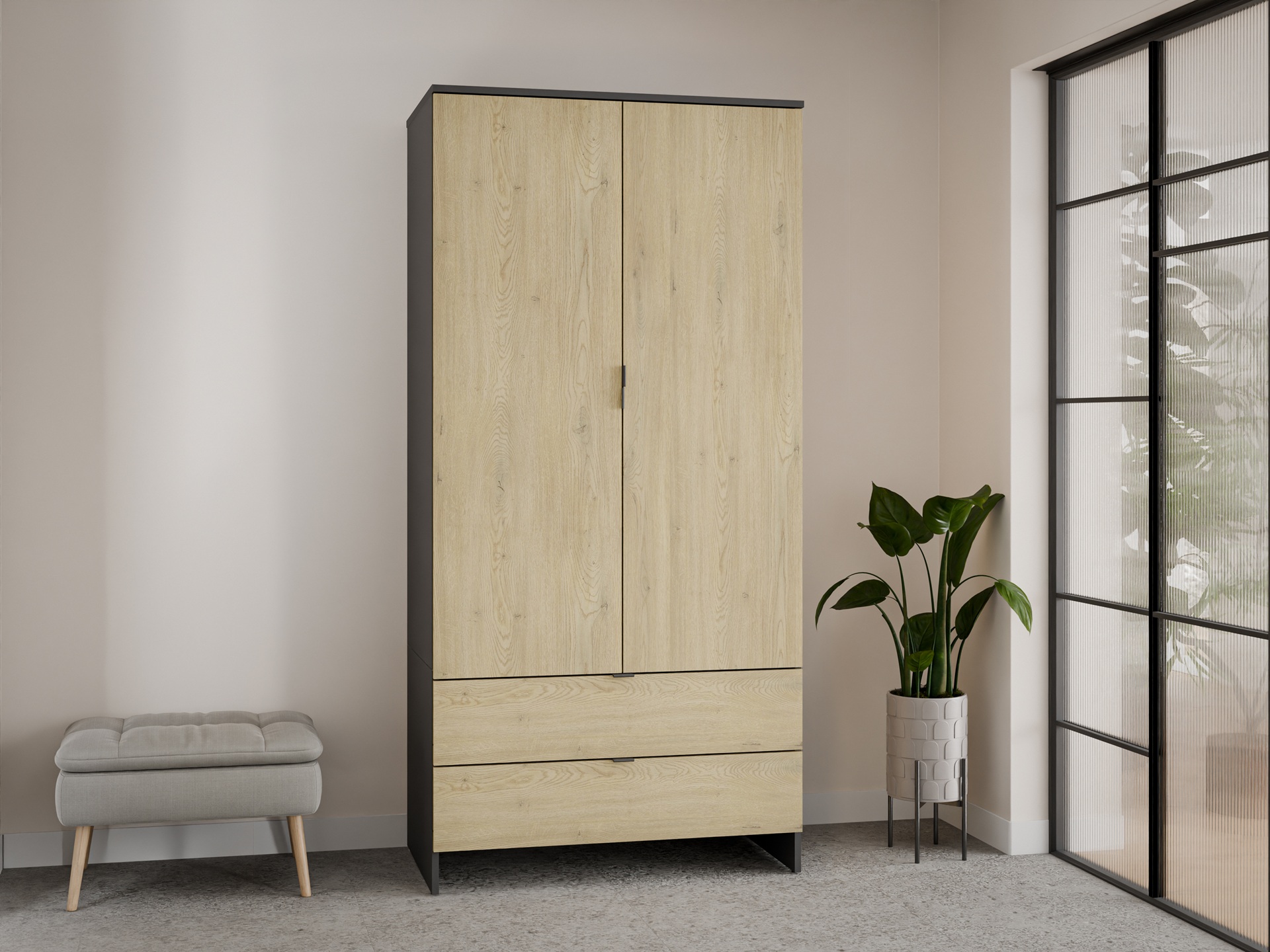 Szafa z 2 drzwiami i 2 szufladami, 90cm, czarna dąb cremona, Garderoba MEGA
