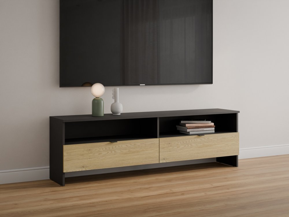 Szafka RTV z 2 szufladami, 160cm, czarna dąb cremona, Kolekcja MEGA