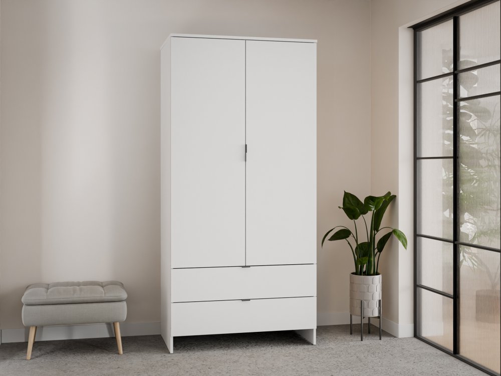 Szafa z 2 drzwiami i 2 szufladami, 90cm, biała, Garderoba MEGA